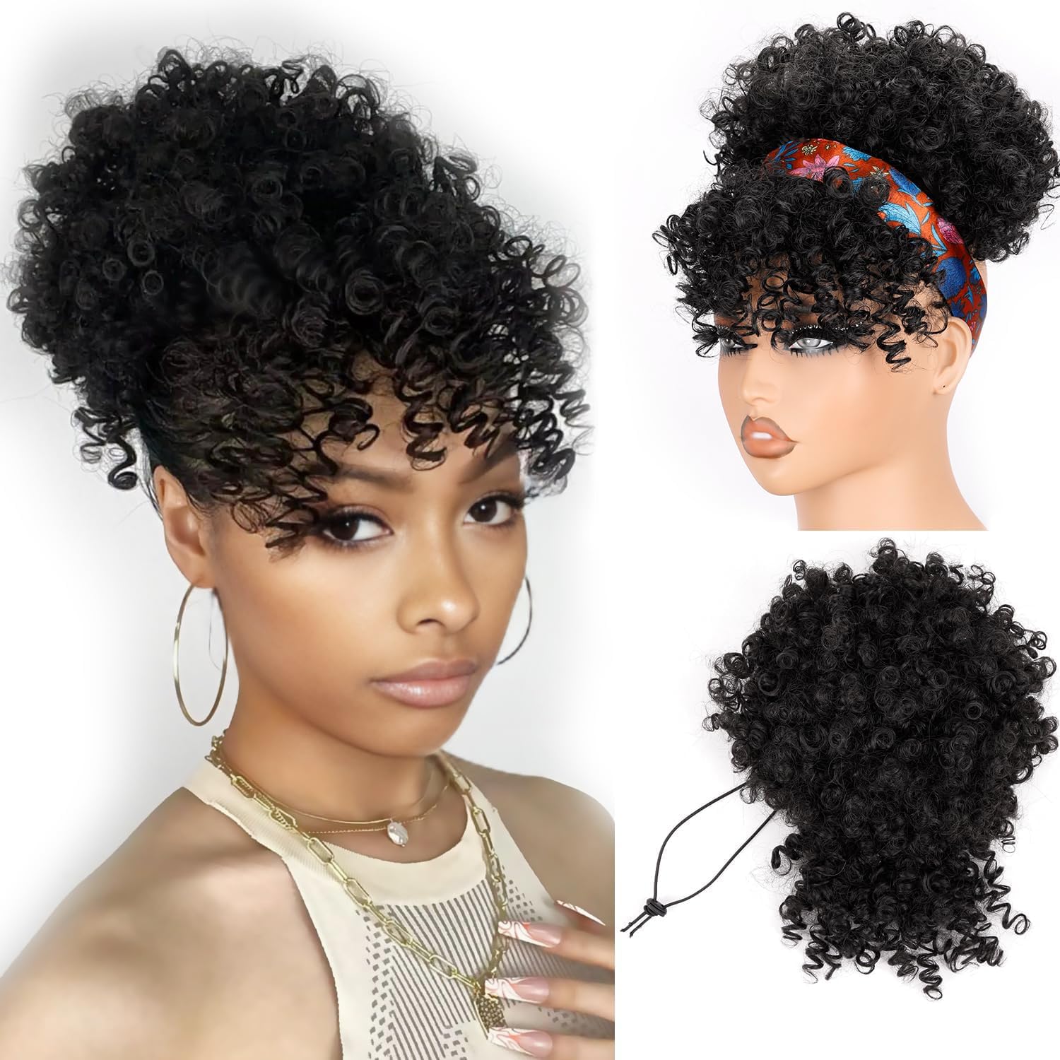 Drawstring Afro Curly Puff Ponytail - Короткий хвост на шнурке с челкой,
